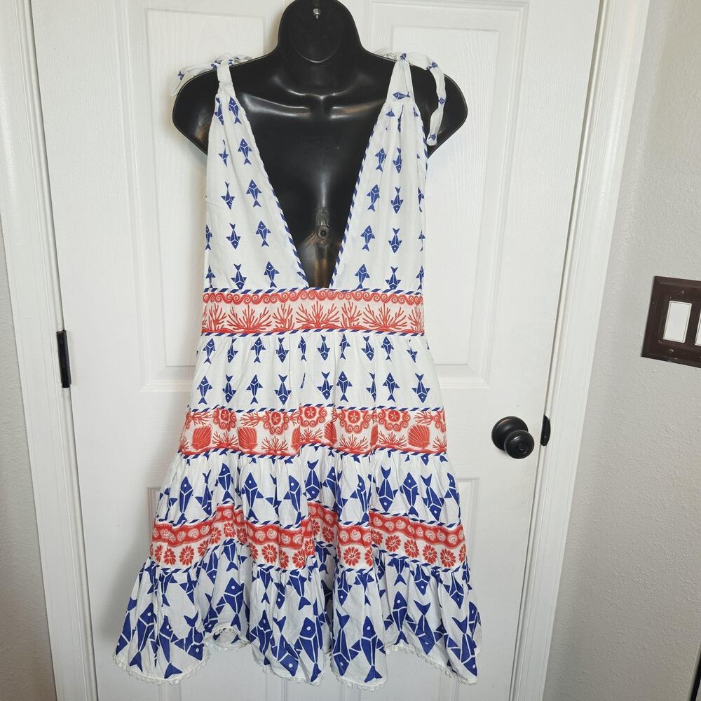 Farm Rio Dress Womens M White Blue Fish Coral Tiered Sundress Tie Strap Beach - Picture 4 of 15